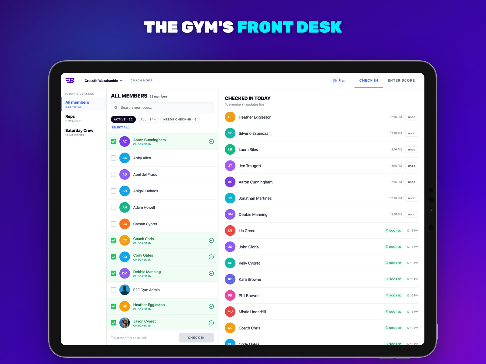 BoxBoard Check-In coach mode showing the full member roster and live checked-in board