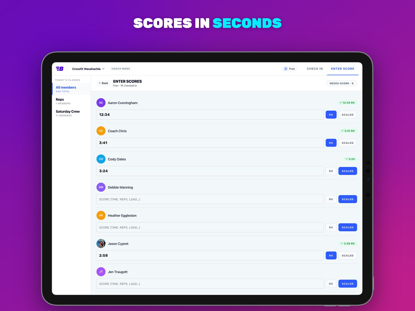 BoxBoard Check-In bulk score entry for an entire checked-in class