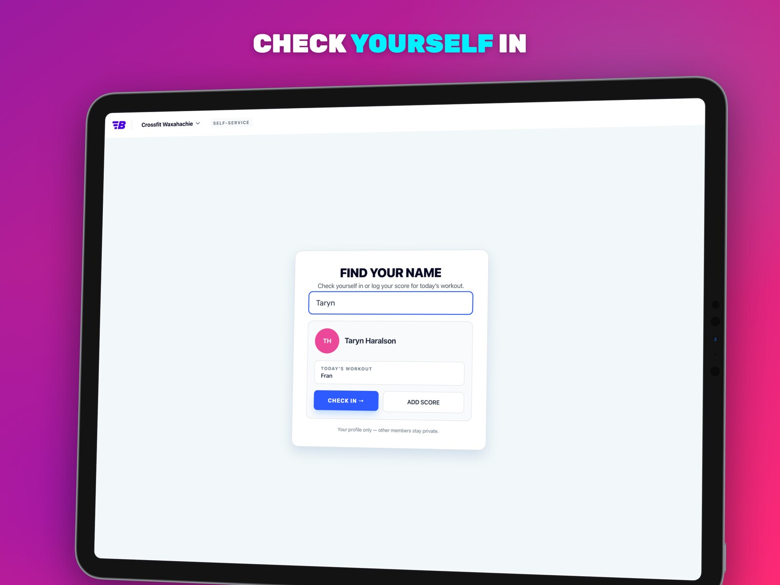 BoxBoard Check-In self-service mode where a member finds their own name