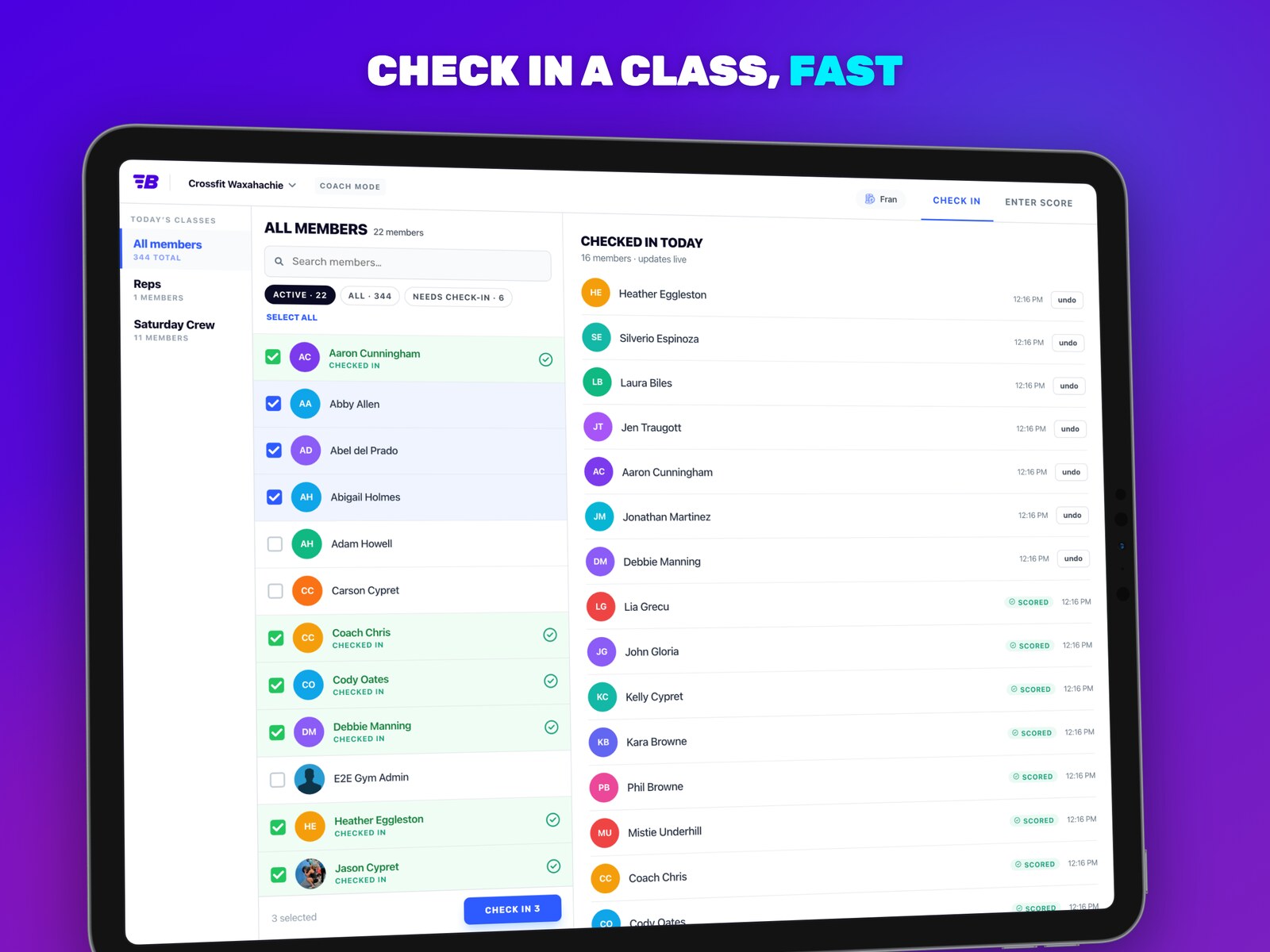 BoxBoard Check-In multi-select bulk check-in for a whole class