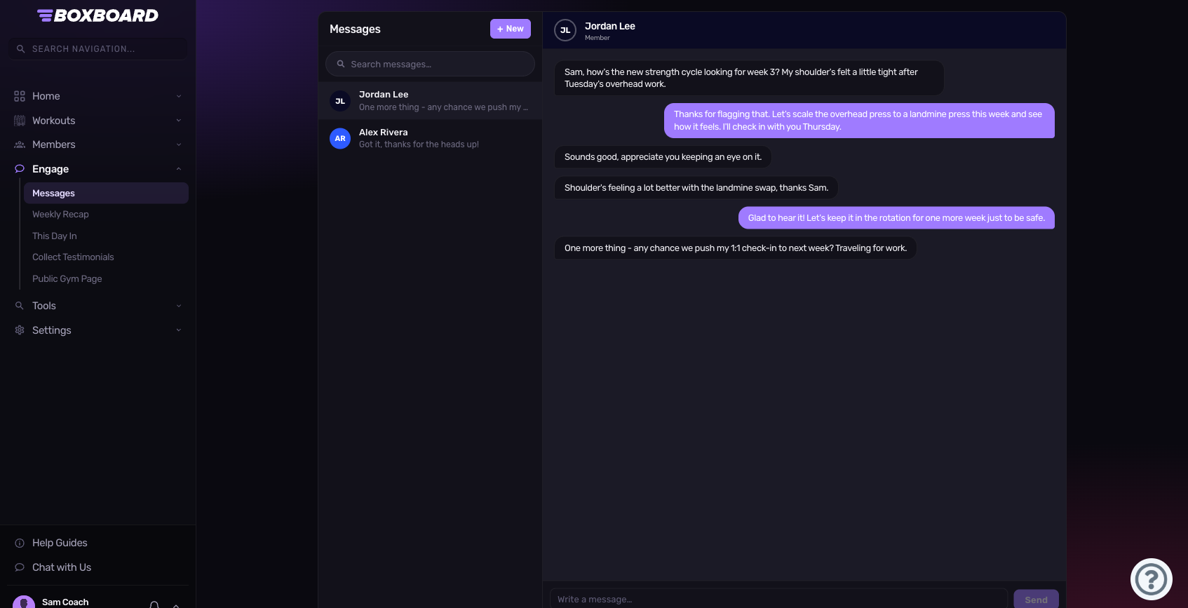 The Messages screen: a list of conversations on the left, an open 1:1 thread with a member on the right