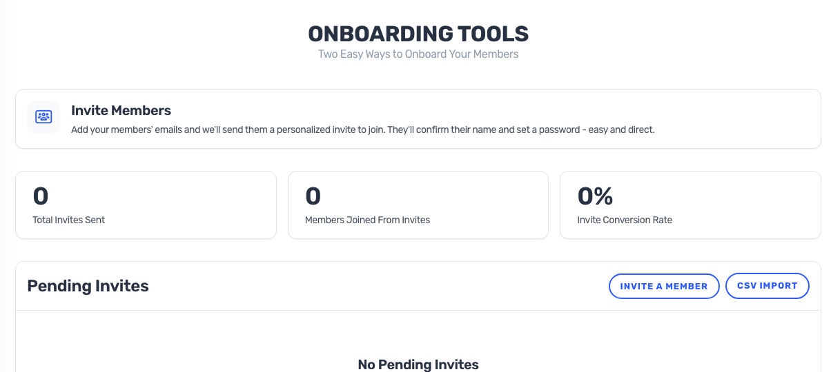 The Onboarding Tools screen: invite members individually or import a CSV
