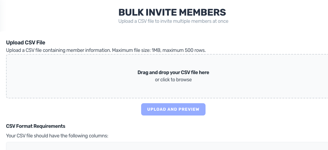 The Bulk Invite Members screen: drag and drop a CSV to invite up to 500 members at once
