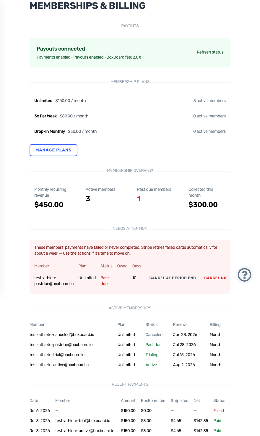The BoxBoard Memberships & Billing dashboard